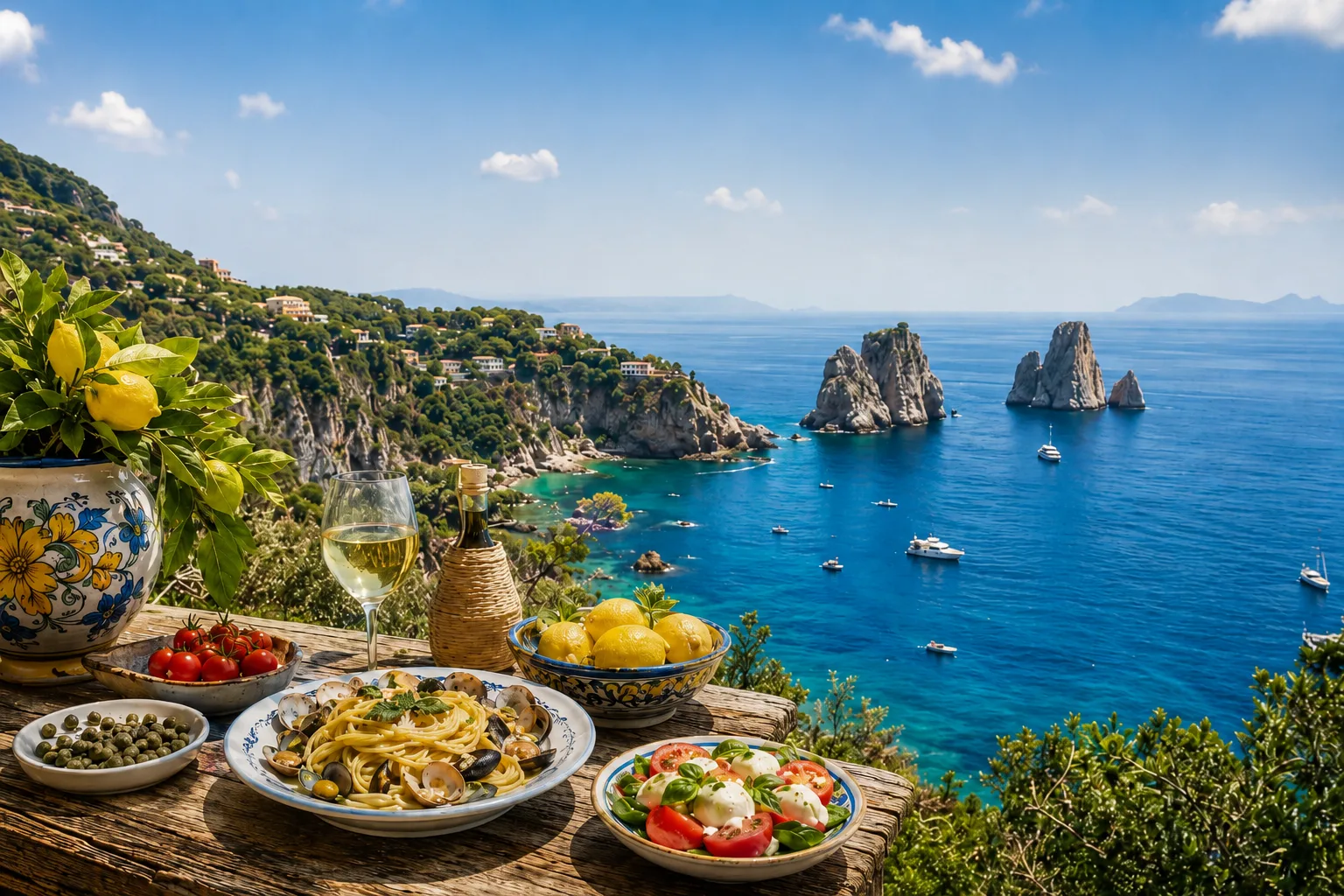 Ferry travelling between inhabited Italian islands, with a small harbour and homes facing the sea