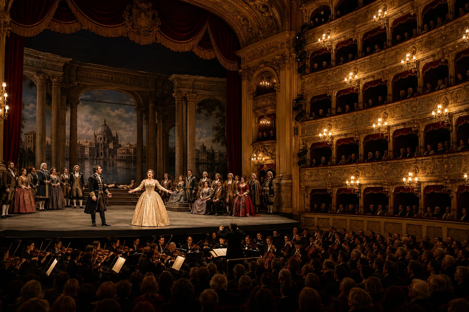 Opera singer on a historic Italian stage, facing an orchestra and a theatre auditorium